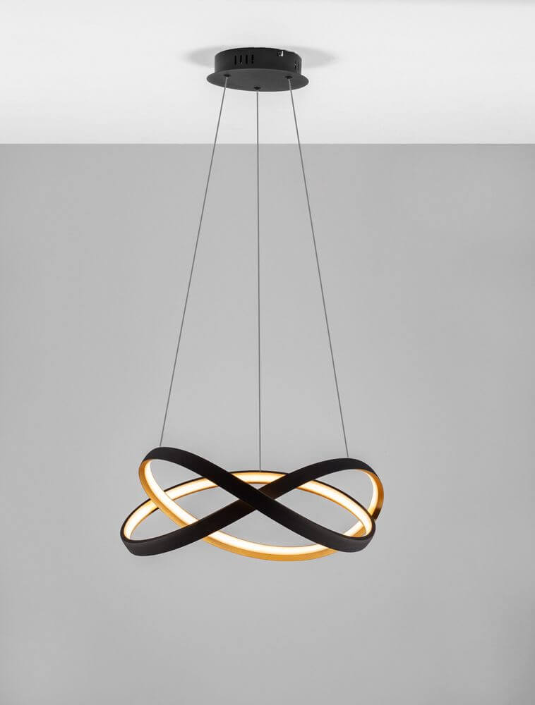 Alt Tag: Odrey LED Pendelleuchte Ø 50cm 2700, 3500, 5000K – skulpturale Silber-Gold Leuchte, Aluminiumring mit mattem Diffusor über Esstisch