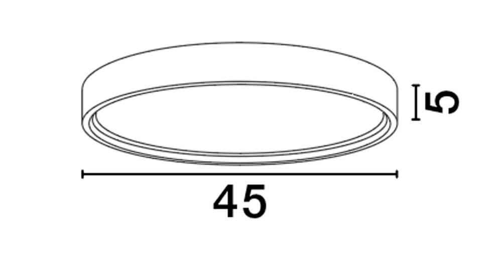 Technische Zeichnung der Olaf LED Deckenleuchte mit Durchmesser 45cm und Höhe 5cm.