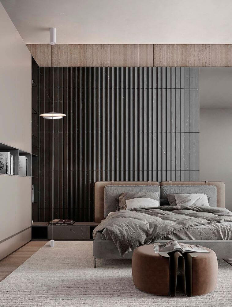Olos LED Deckenleuchte Ø 35cm 3000K Weiß,Chrom in modernem Schlafzimmer mit dunkler Wand.