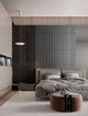 Olos LED Deckenleuchte Ø 35cm 3000K Weiß,Chrom in modernem Schlafzimmer mit dunkler Wand.
