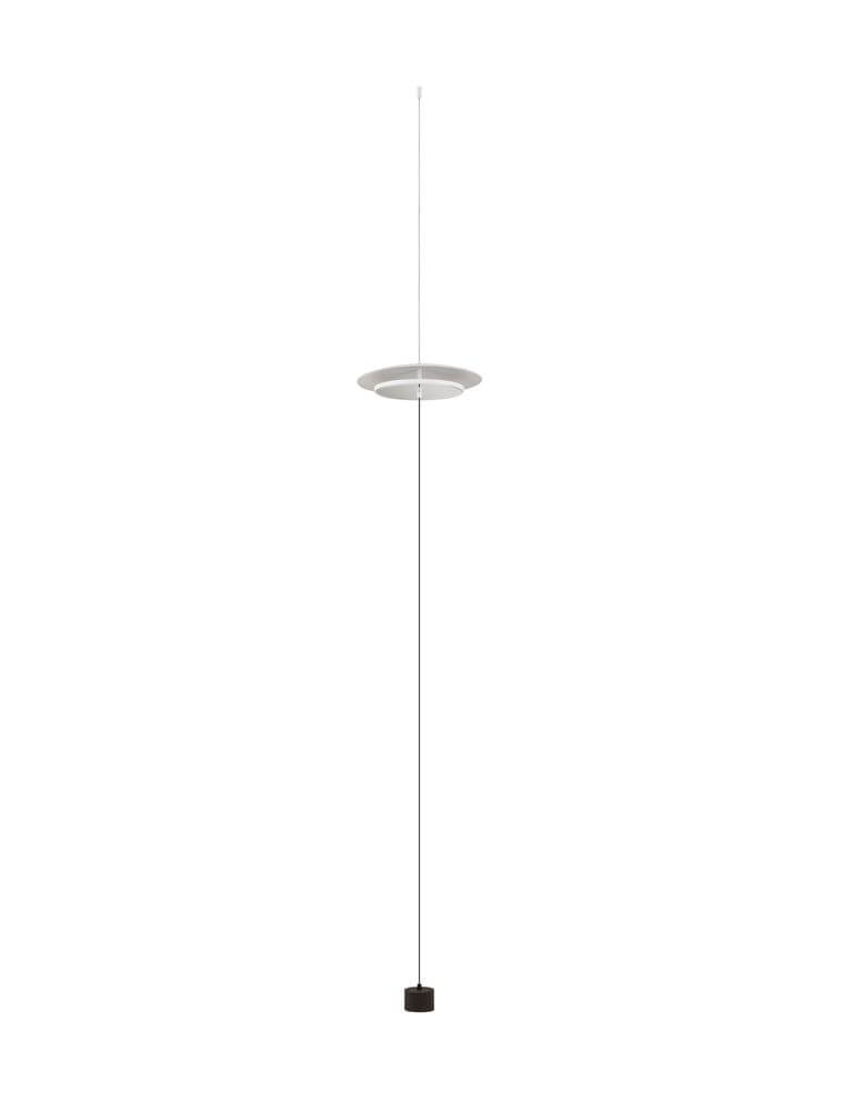 Olos LED Deckenleuchte 3000K Netzstecker Weiß,Chrom hängend mit klarer Schnur und schwarzem Sockel.
