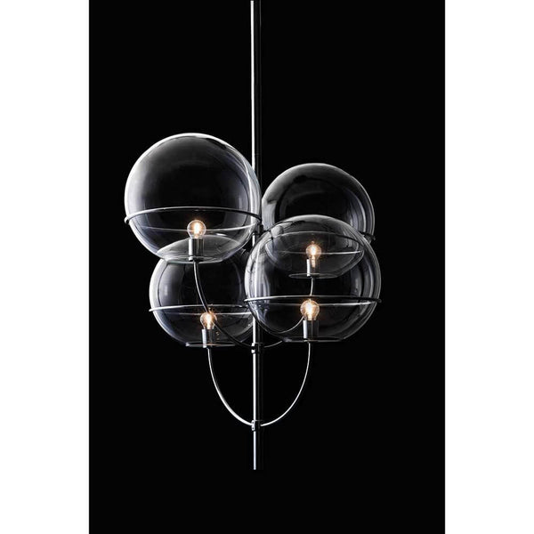 Oluce Kugelglas Leuchter Lyndon Chrom in modernem Design mit transparenten Glaskugeln und stilvollem Chromfinish.