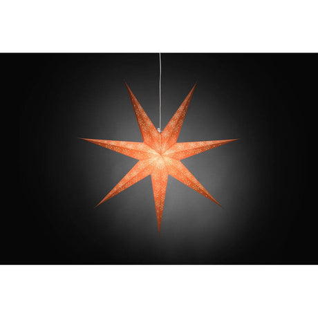 Oranger Papierstern perforiert mit weiß bedrucktem Muster 7 Zacken ohne Leuchmittel, elegant leuchtende Weihnachtsdekoration.