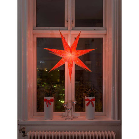Oranger Papierstern perforiert orange bestickt 7 Zacken ohne Leuchtmittel, dekorativ im Fenster beleuchtet.