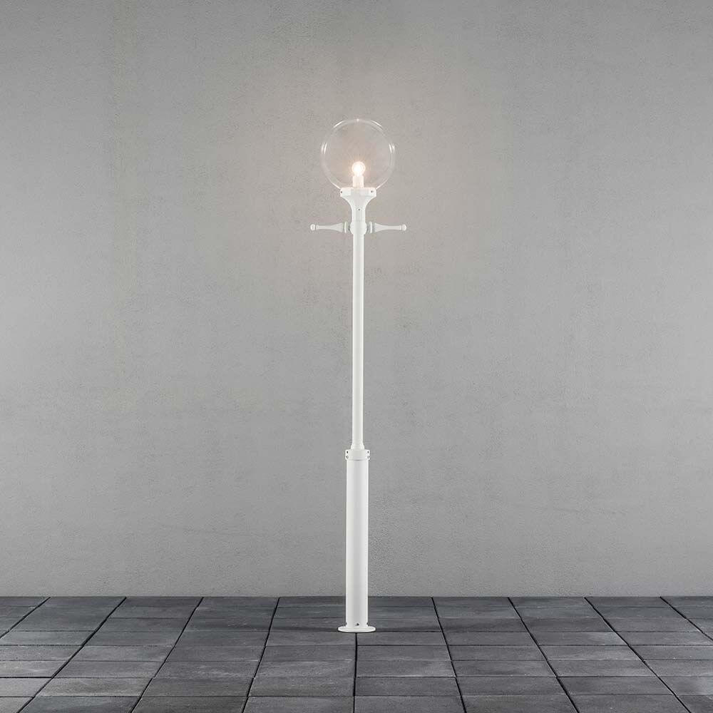 Orion Standleuchte Weiß, klares Acrylglas auf grauem Hintergrund, modernes Design für stilvolle Innenräume.