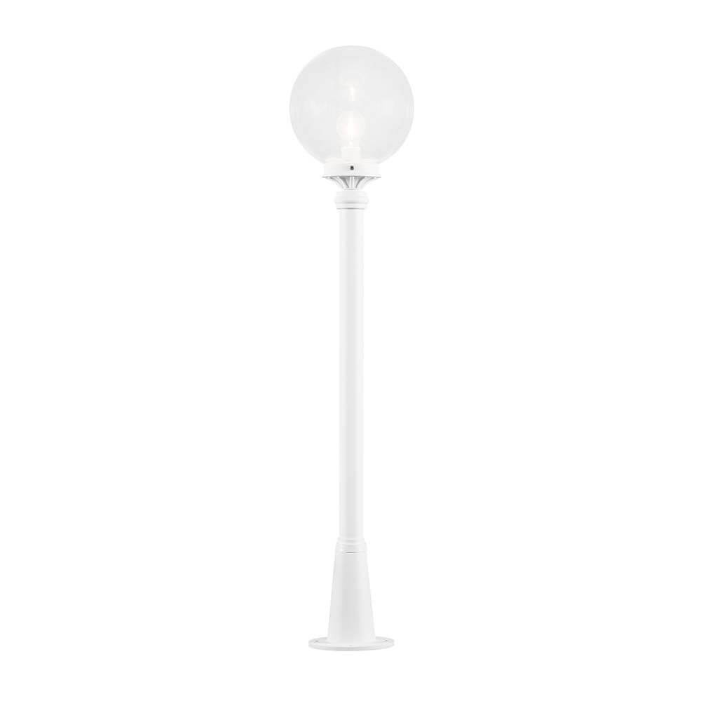 Orion Wegeleuchte Weiß, klares Acrylglas mit kugelförmigem Schirm und elegantem weißen Standfuß.