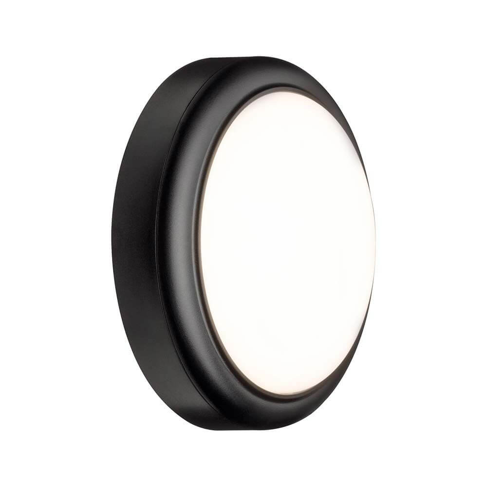 Outdoor Wandleuchte IP44 15W 3000K Grau - runde schwarze Leuchte mit satinierter Abdeckung und IP44 Schutz.