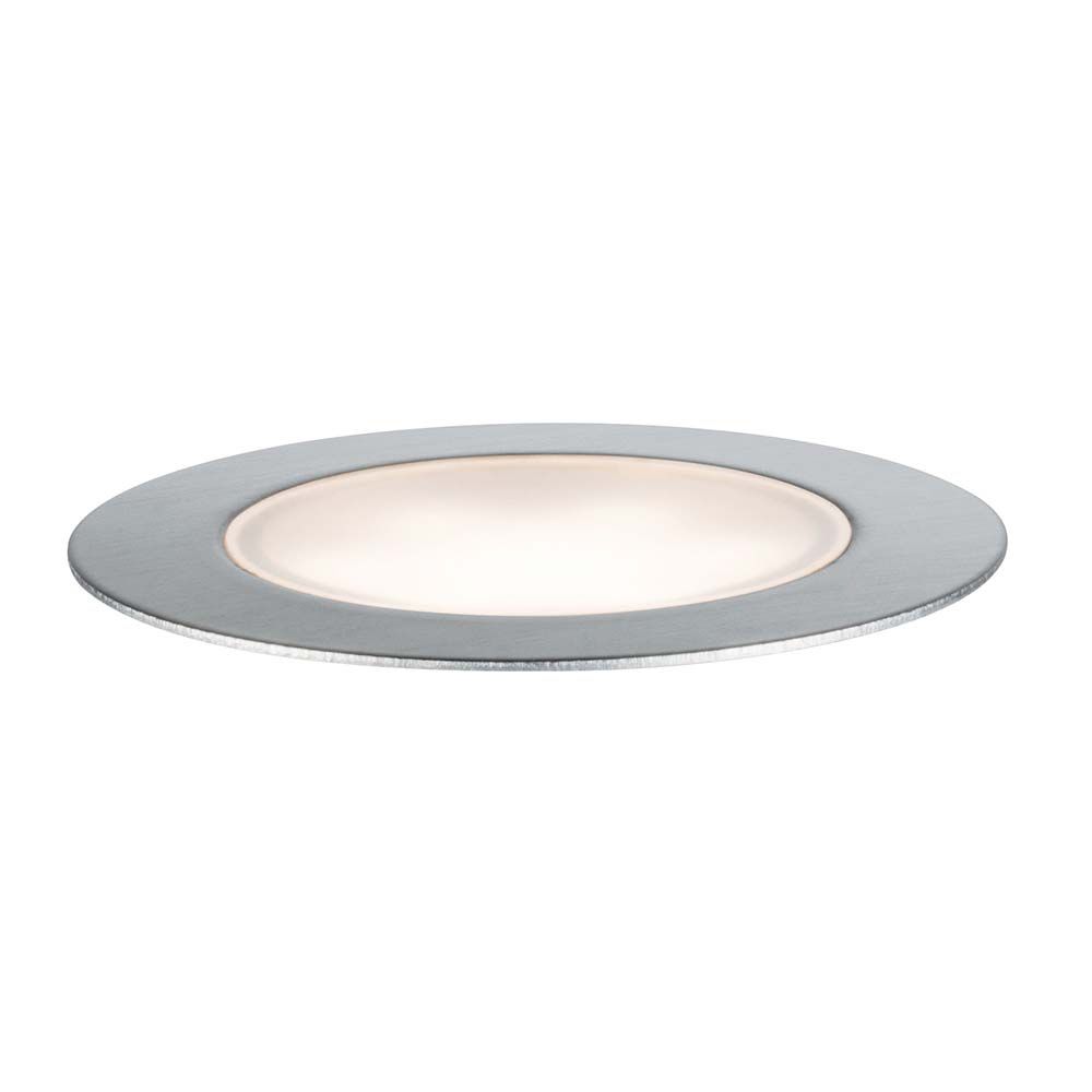 LED Bodeneinbaustrahler rund, warmweißes Licht, ideal für Wege und Terrassen, Stahloptik, Plug&Shine System.
