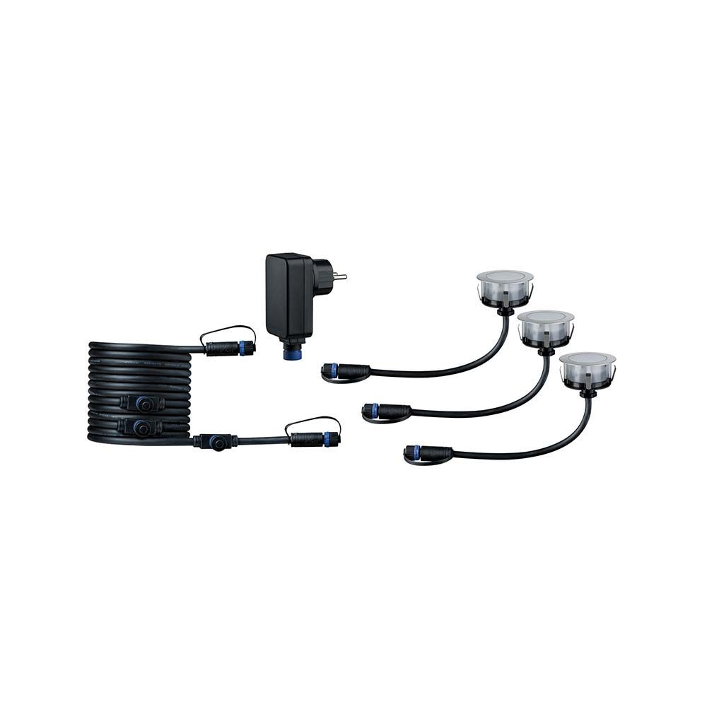 LED Plug & Shine Floor Eco Basisset 3 Leuchten, Steckertrafo und Verbindungskabel für warmweiße Beleuchtung.