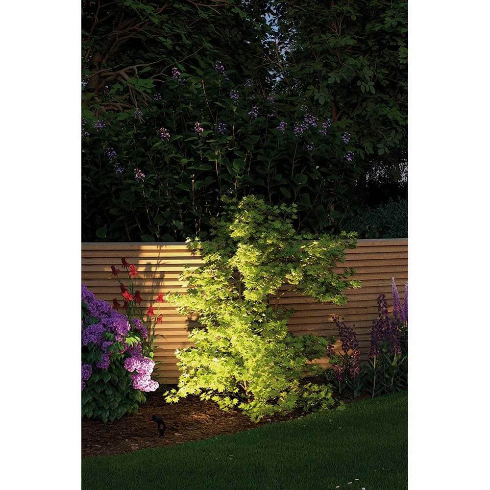 LED Plug & Shine Spot Sting Basisset Dimmbar IP67 24V 3000K 3x6W beleuchtet eine Gartenpflanze nachts.