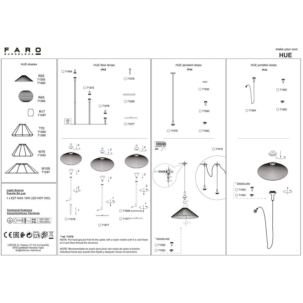 Outdoor E27 Fassung + Stecker für Hue Structure Hängelampe (ohne Schirm)  Faro Barcelona   