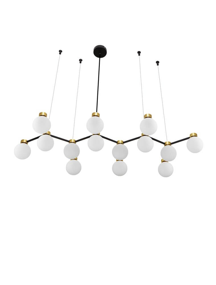 Ovalino Pendelleuchte 14-flammig Gold-Satiniert, Schwarz, Weiß - modern, stilvoll mit Opal-Glaskugeln.