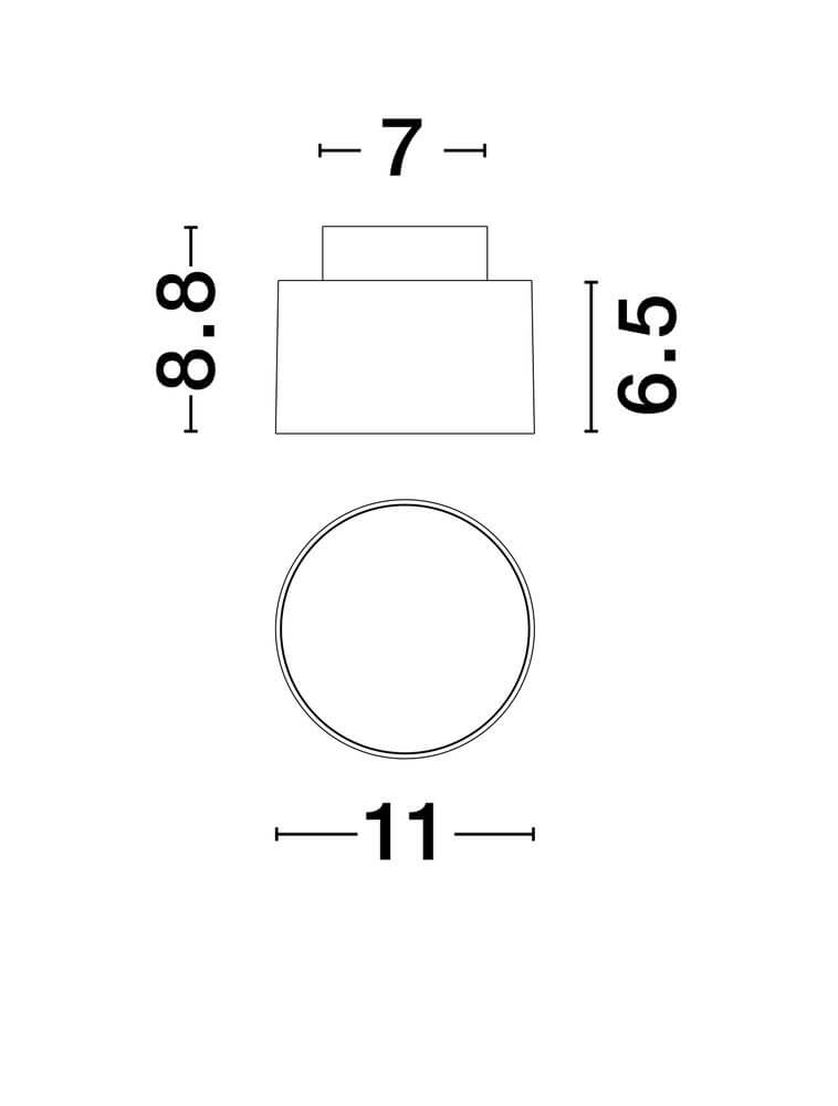 Technische Zeichnung der Ozen LED Deckenleuchte Ø 11cm, Maße: 11cm Durchmesser, 8.8cm Höhe.