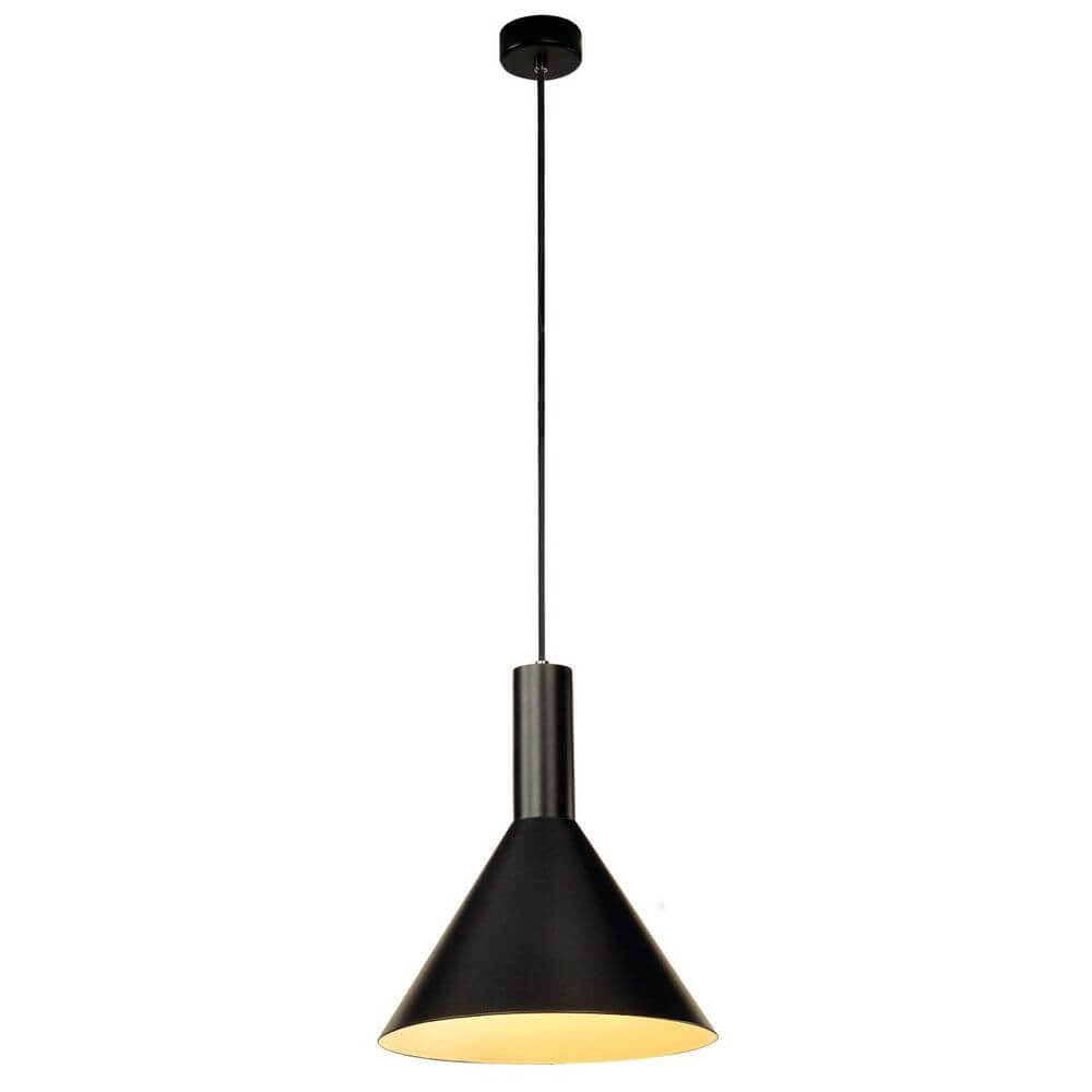 Schwarze PHELIA Pendelleuchte mit konischer Form und E27 Sockel, ideal für LED- und Energiesparleuchtmittel.