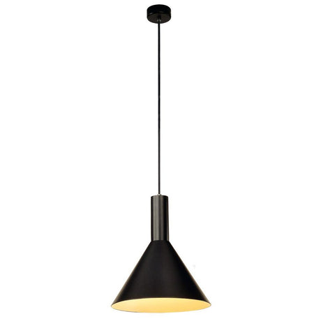 PHELIA Pendelleuchte 2 Schwarz in konischer Form mit runder Deckenrosette und 200 cm Pendellänge.