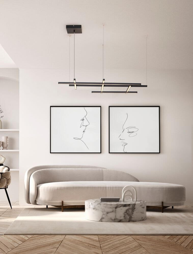 Pace LED Pendelleuchte 6-flammig 3000K schwarze Designer-Pendelleuchte über modernem Wohnzimmer mit Sofa
