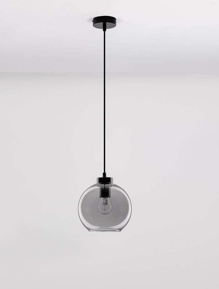 Palmer Pendelleuchte Ø 20cm Schwarz, Rauch - stilvolle Hängelampe aus Rauchglas und Stahl im Art-Deco-Design.
