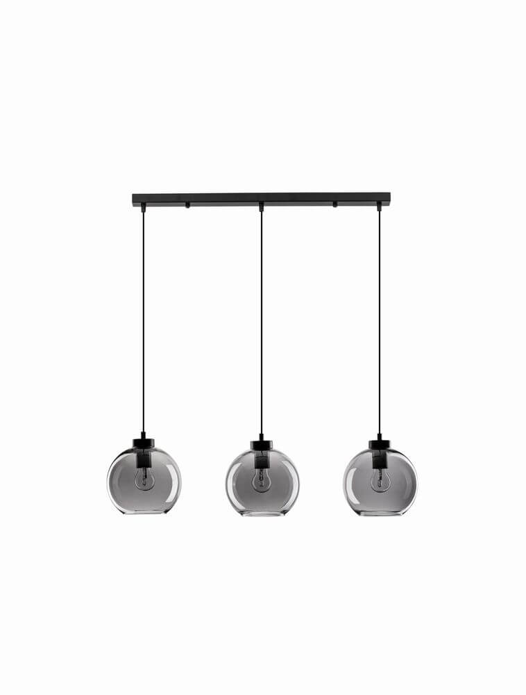 Palmer Pendelleuchte Balken 70cm 3-flammig Schwarz, Rauch – moderne schwarze Deckenleuchte mit drei rauchgrauen Glaskugeln