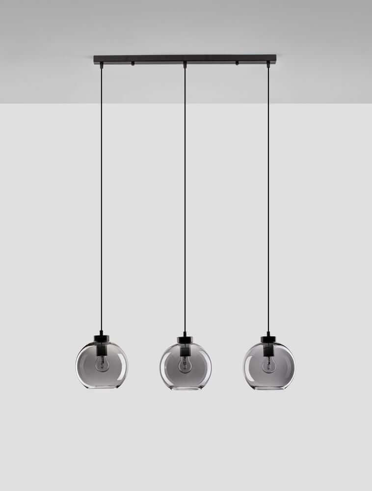 Palmer Pendelleuchte Balken 70cm 3-flammig Schwarz, Rauch – schwarze Metallleiste mit drei rauchgrauen Glaskugeln, modernes puristisches Design
