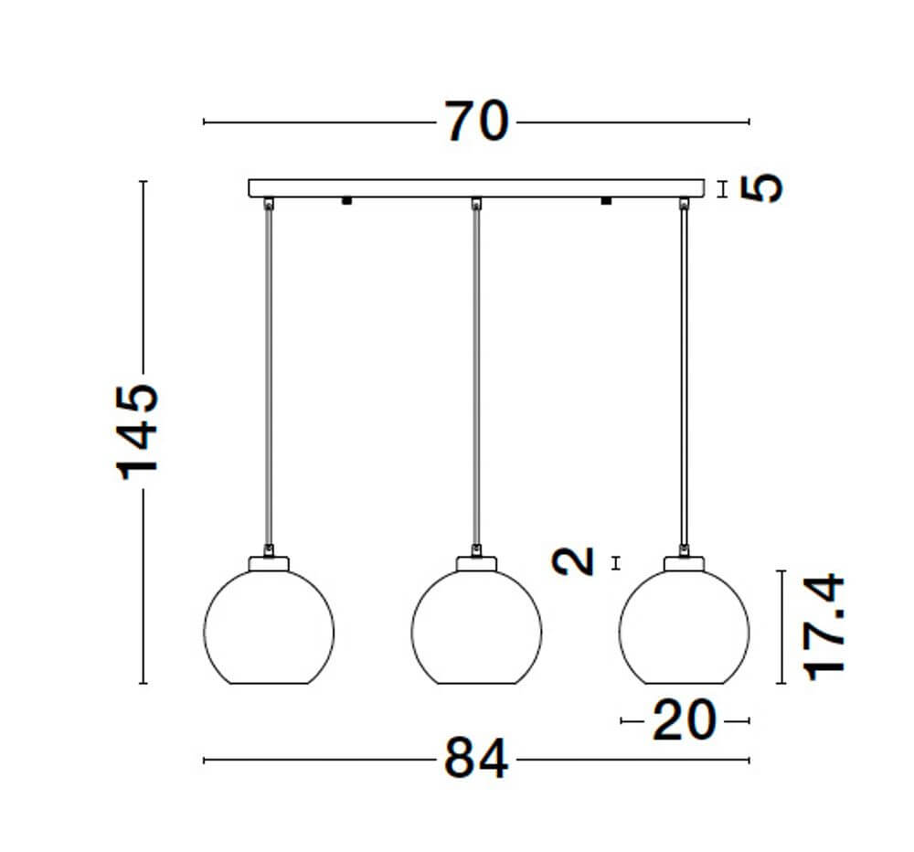Palmer Pendelleuchte Balken 70cm 3-flammig Schwarz, Rauch – technische Zeichnung mit Maßen Höhe 145 cm, Breite 70/84 cm, Schirm Ø 20 cm