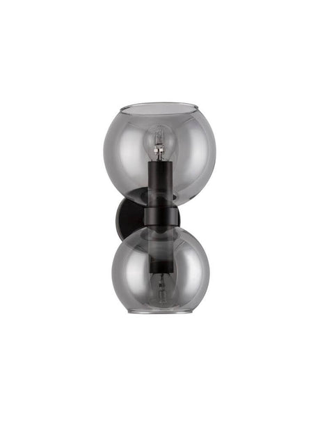 Applique Palmer Ø 13 cm E14 à 2 lampes, noire, fumée, avec des abat-jour en verre fumé et un design élégant.