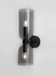 Palmer Wandleuchte Tulpe E14 2-flammig Schwarz, Rauch mit zwei Rauchglas-Schirmen und sichtbaren Lichtquellen.