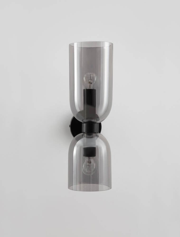 Palmer Wandleuchte Tulpe E14 2-flammig Schwarz, Rauch mit zwei Rauchglas-Schirmen.