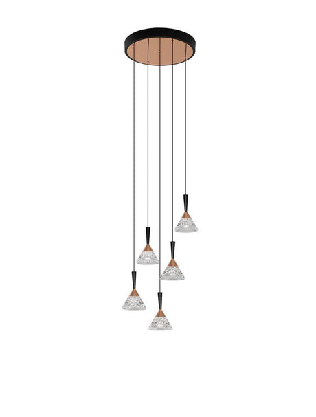 Paluz LED 5-pære pendel Ø 32cm 3000K sort, rosa guld på loftet med minimalistisk design.