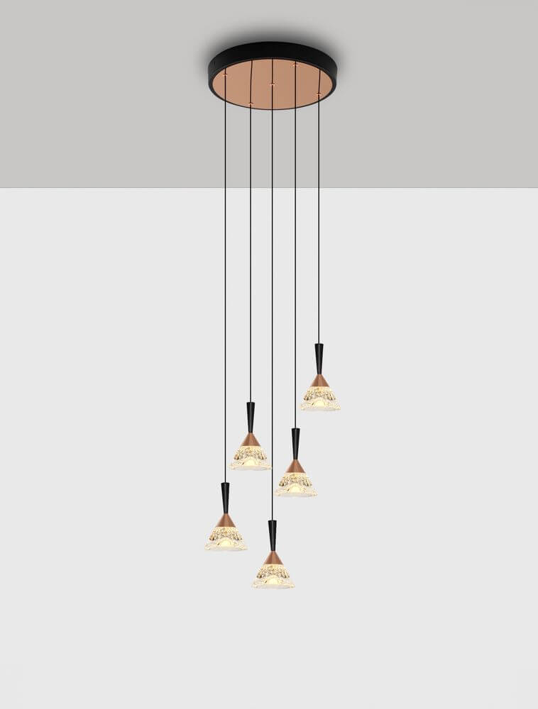 Paluz LED Pendelleuchte 5-flammig Ø 32cm 3000K Schwarz, Roségold an Decke montiert.