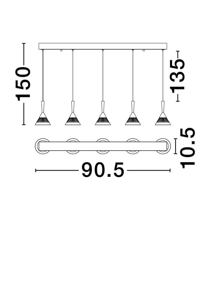 Produktbild der Paluz LED Pendelleuchte Balken 90,5 cm 5-flammig 3000K Schwarz, Roségold mit Abmessungen.