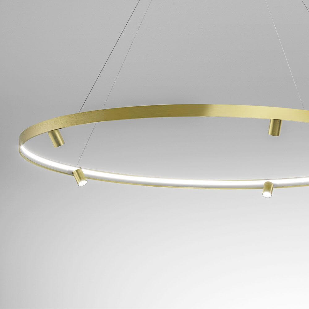 Moderne Panzeri Arena LED-Ring Pendelleuchte aus satiniertem Messing mit verstellbaren Spots.
