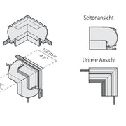 Panzeri Manhattan Ecken für Einbauprofil, technische Zeichnungen und Ansichten, Seiten- und Unteransicht.