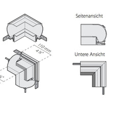 Panzeri Manhattan angles pour profilé encastré, dessins techniques et vues, vue de côté et vue de dessous.