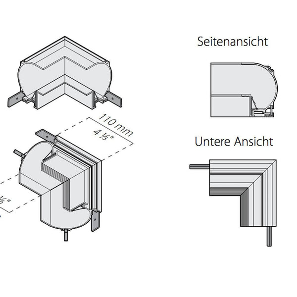 Panzeri Manhattan angles pour profilé encastré, dessins techniques et vues, vue de côté et vue de dessous.