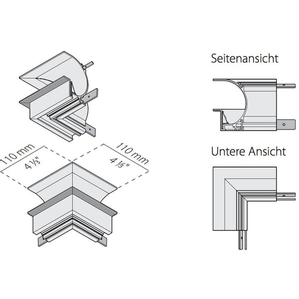 Panzeri Manhattan angles pour profilé encastré : dessin technique avec vues et dimensions.