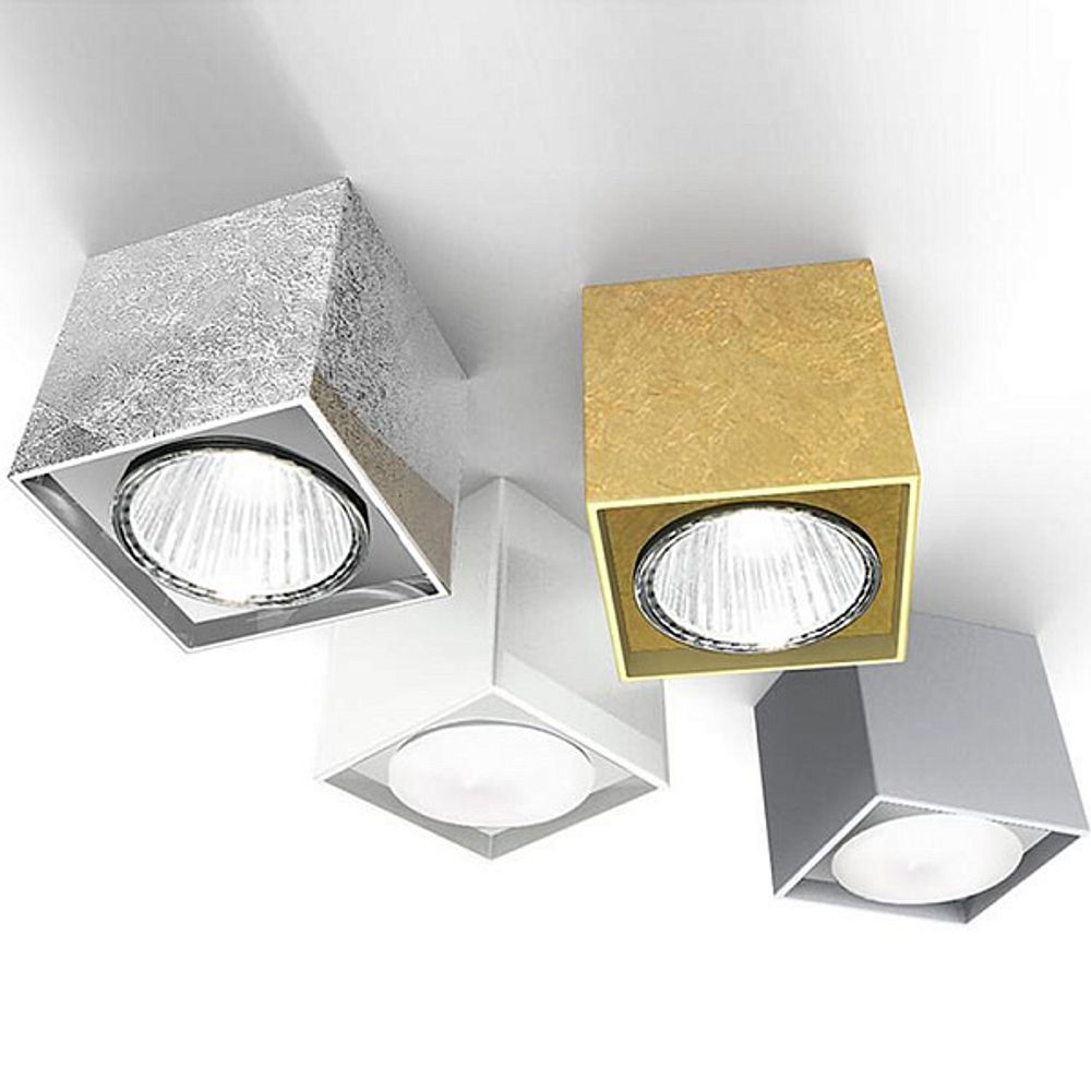 Panzeri Two LED Aufbauleuchte Spot in Weiß, Schwarz, Bronze, satiniertem Messing und Goldblatt, quadratisches Design.