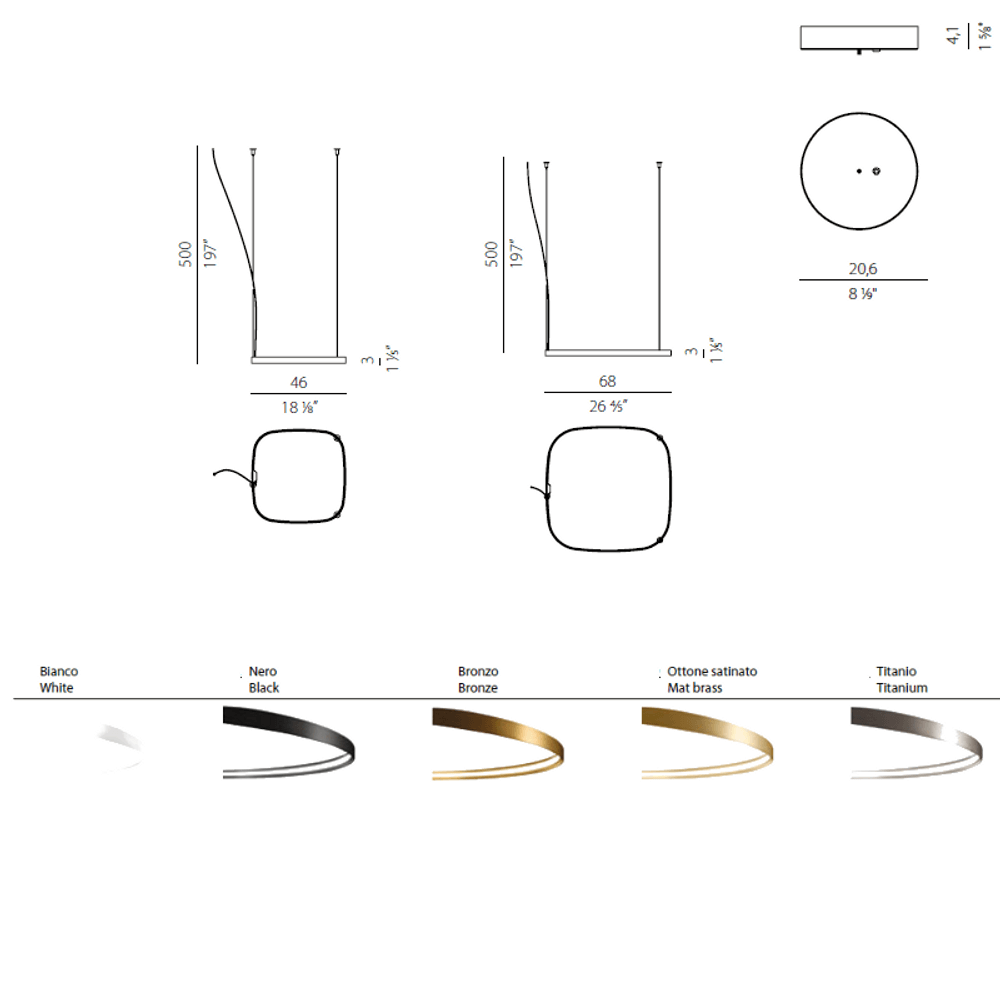 Wymiary lampy wiszącej Panzeri Zero Square LED i wybór kolorów dla eleganckiego pośredniego światła.
