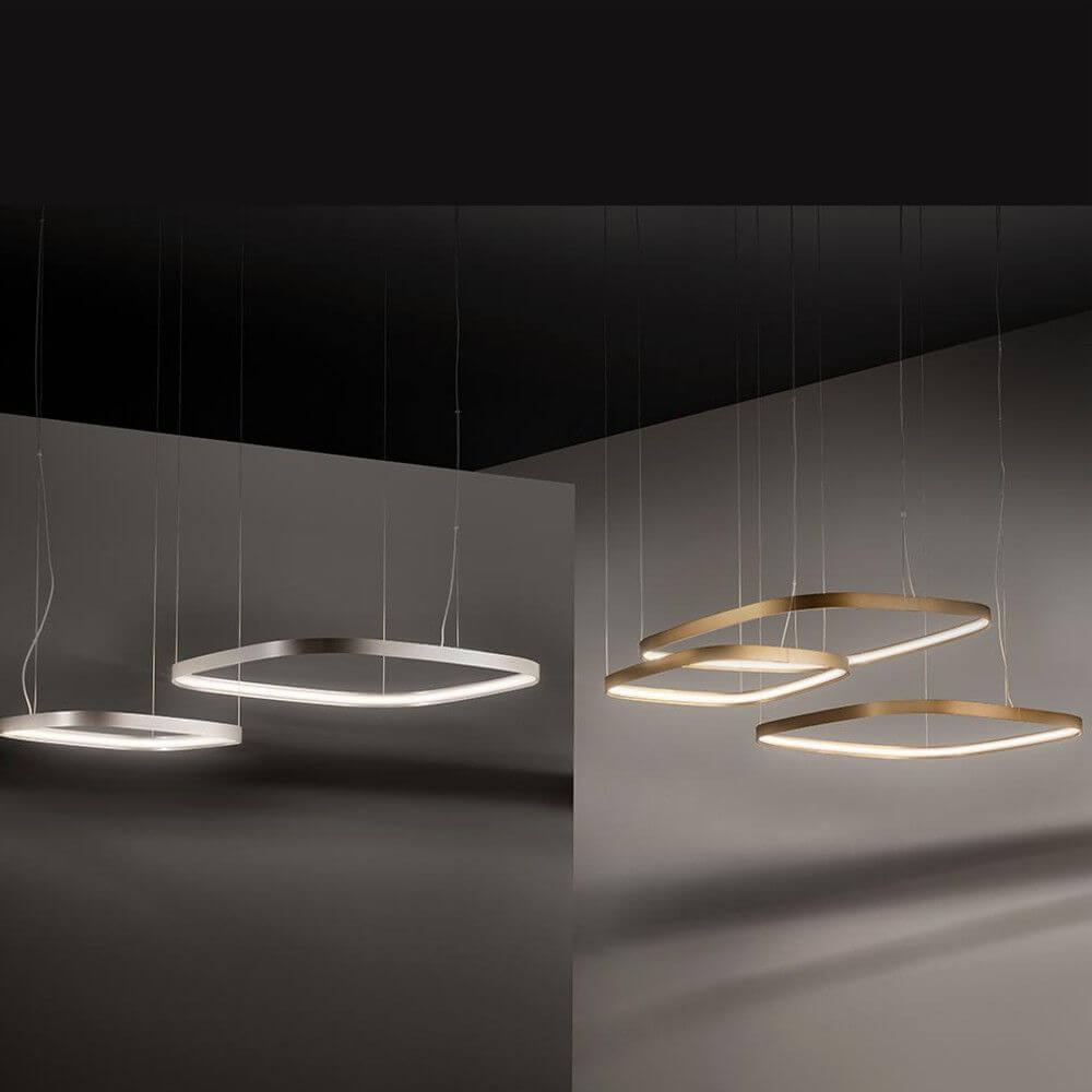 Lampa wisząca Panzeri Zero Square LED w eleganckich kształtach i kolorach, idealna do pośredniego światła.