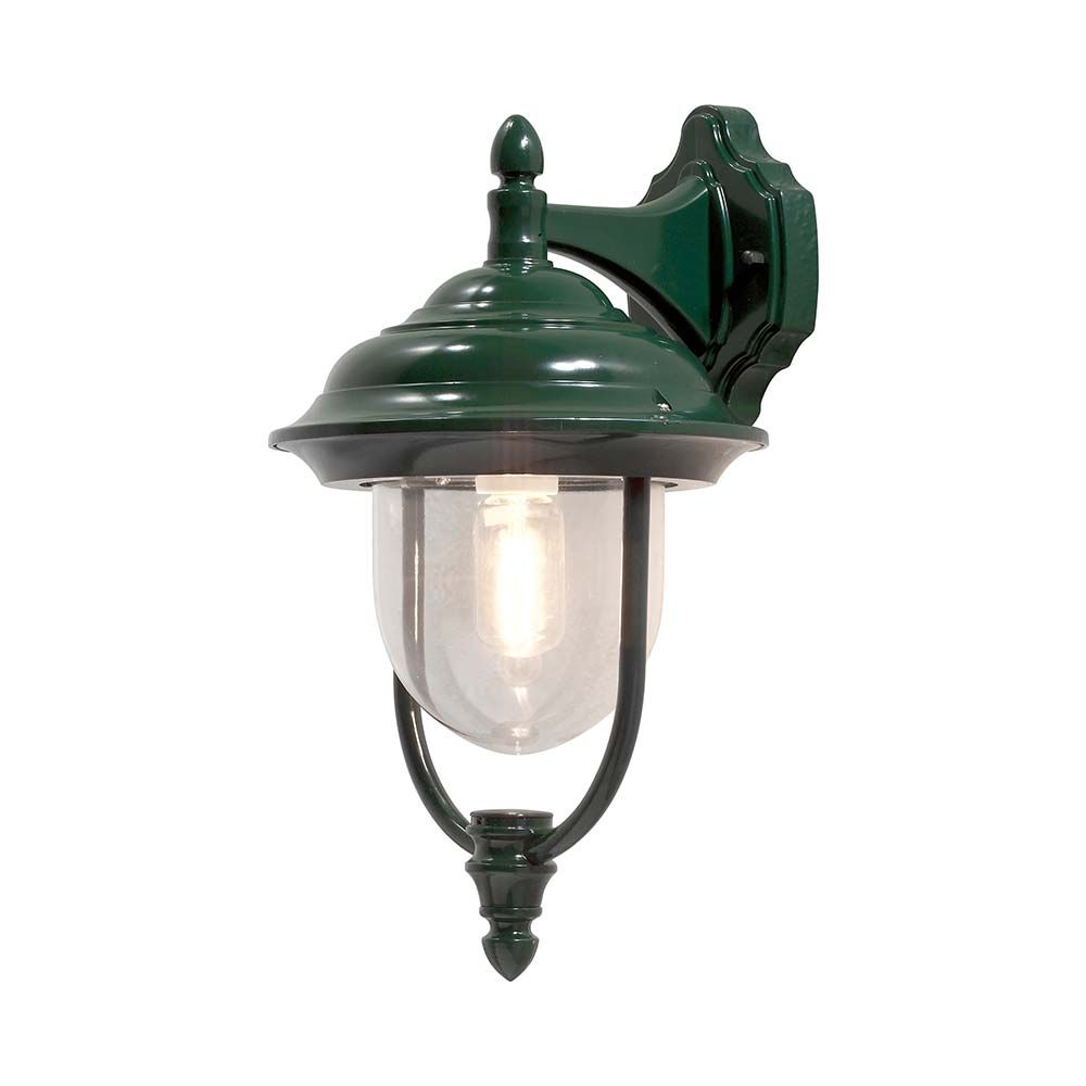 Parma Außen-Wandleuchte in Grün mit klarem Acrylglas und eleganter Form, ideal für Außenanwendungen.