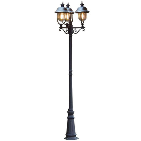 Parma mast light with stainless steel canopy and 3 lamp heads in black in an elegant design.