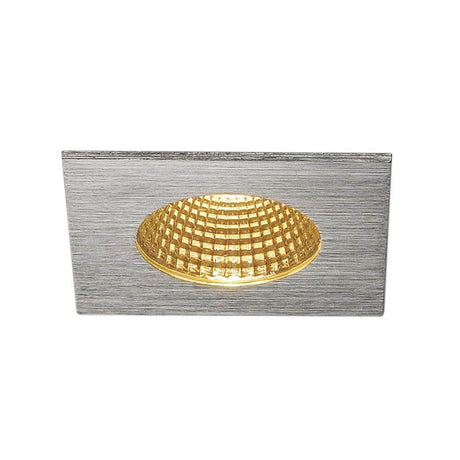 Patta-F plafonnier encastré carré aluminium brossé 9 W 38° 3000 K en aluminium avec réflexion lumineuse dorée.