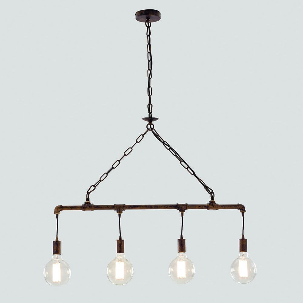 Pendellampe Amarcord Rostfarben mit rustikalem Design und vier Edison-Glühbirnen.