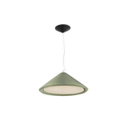 Lampe suspendue HUE-IN Ø 70 cm vert olive avec un design moderne et minimaliste ainsi qu’un halo lumineux doux.