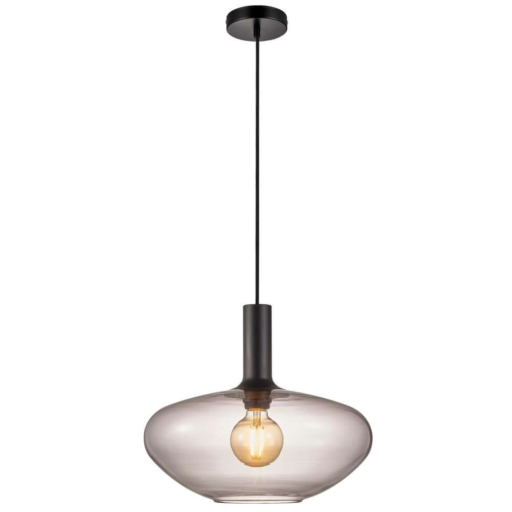 Pendelleuchte Alton 35 aus rauchfarbenem Glas mit eleganter runder Form und schwarzem Detail.
