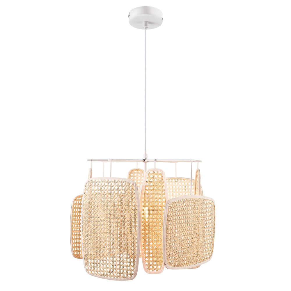 Pendelleuchte Bali Rund in modernem Design mit natürlichen Rattan-Elementen und weißem Baldachin.
