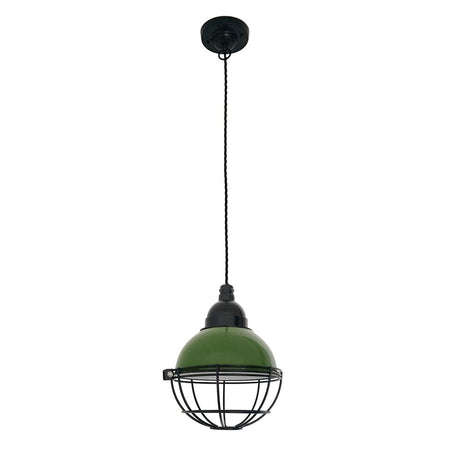 Pendelleuchte CLAIRE Grün in moderner Form mit schwarz-gemusterter Metallgitterabdeckung.