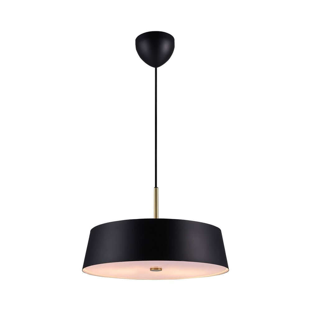 Pendelleuchte Clasi 45 mit schwarzem Metallschirm und goldener Aufhängung für blendfreies Licht.