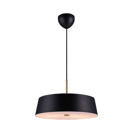 Clasi 45 pendant light with black metal shade and gold suspension for glare-free light.