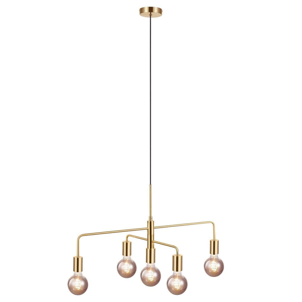 Pendelleuchte Gloom 5-Spot mit Messing- und Glaselementen, moderner Kronleuchterstil.