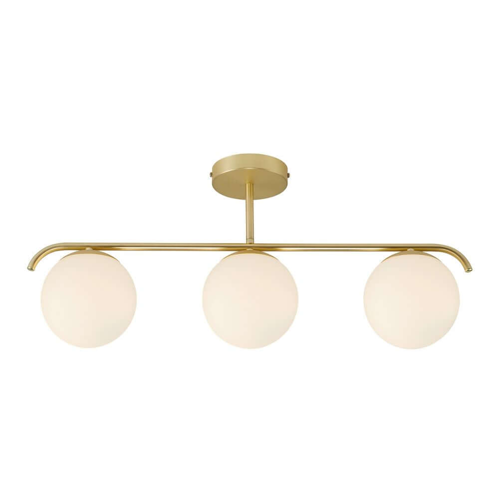 Pendelleuchte Grant 3x15 mit drei eleganten Glaskugeln auf goldenem Gestell.
